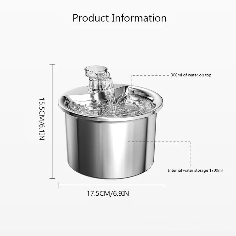 2L Stainless Steel Pet Smart Water Dispenser, USB Powered Pet Automatic Water Bowl, Pet Feeding Supplies, Automatic Water Feeder