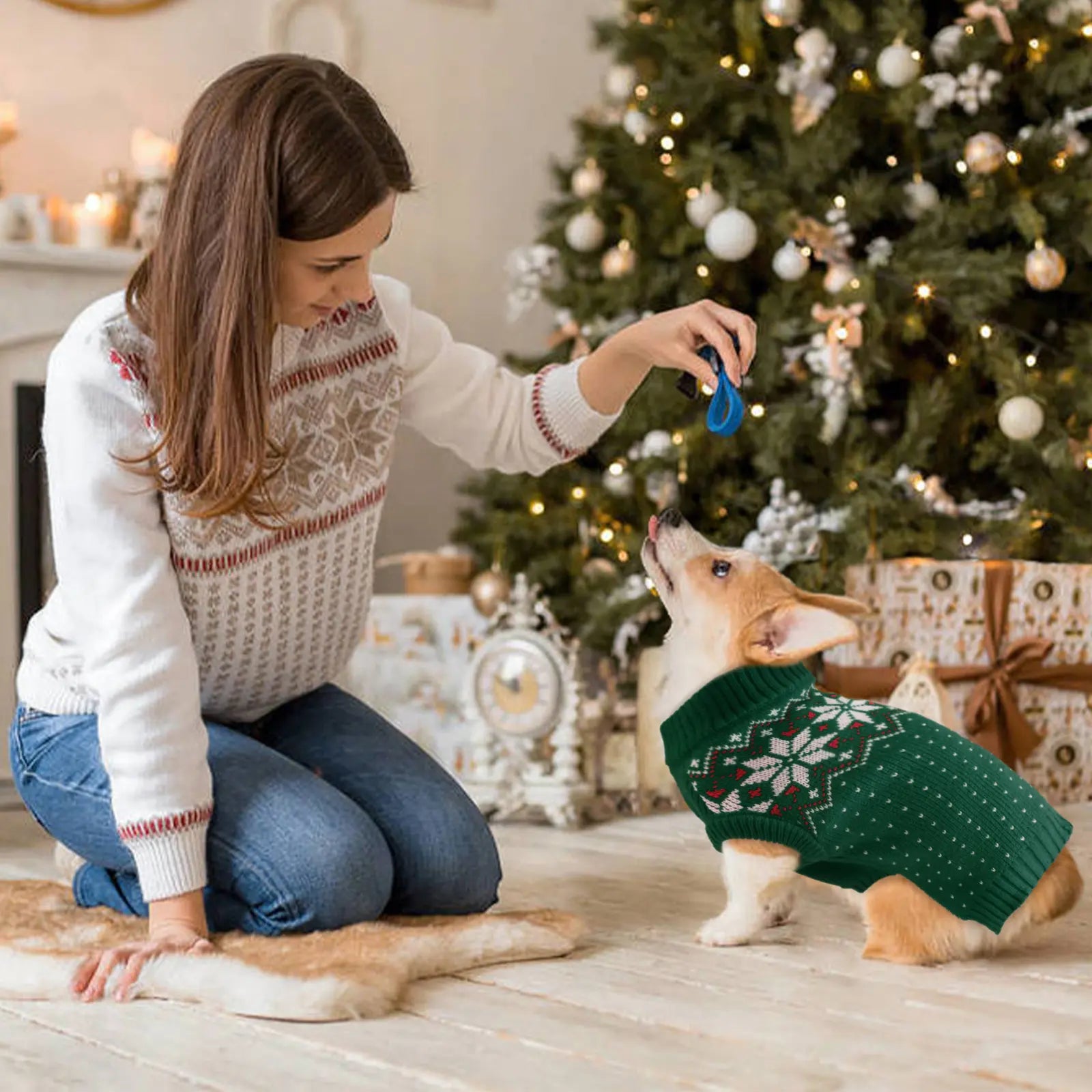 Kuoser Christmas Snowflake Dog & Cat Sweater — Soft Knit Turtleneck Pullover for Small & Medium Pets